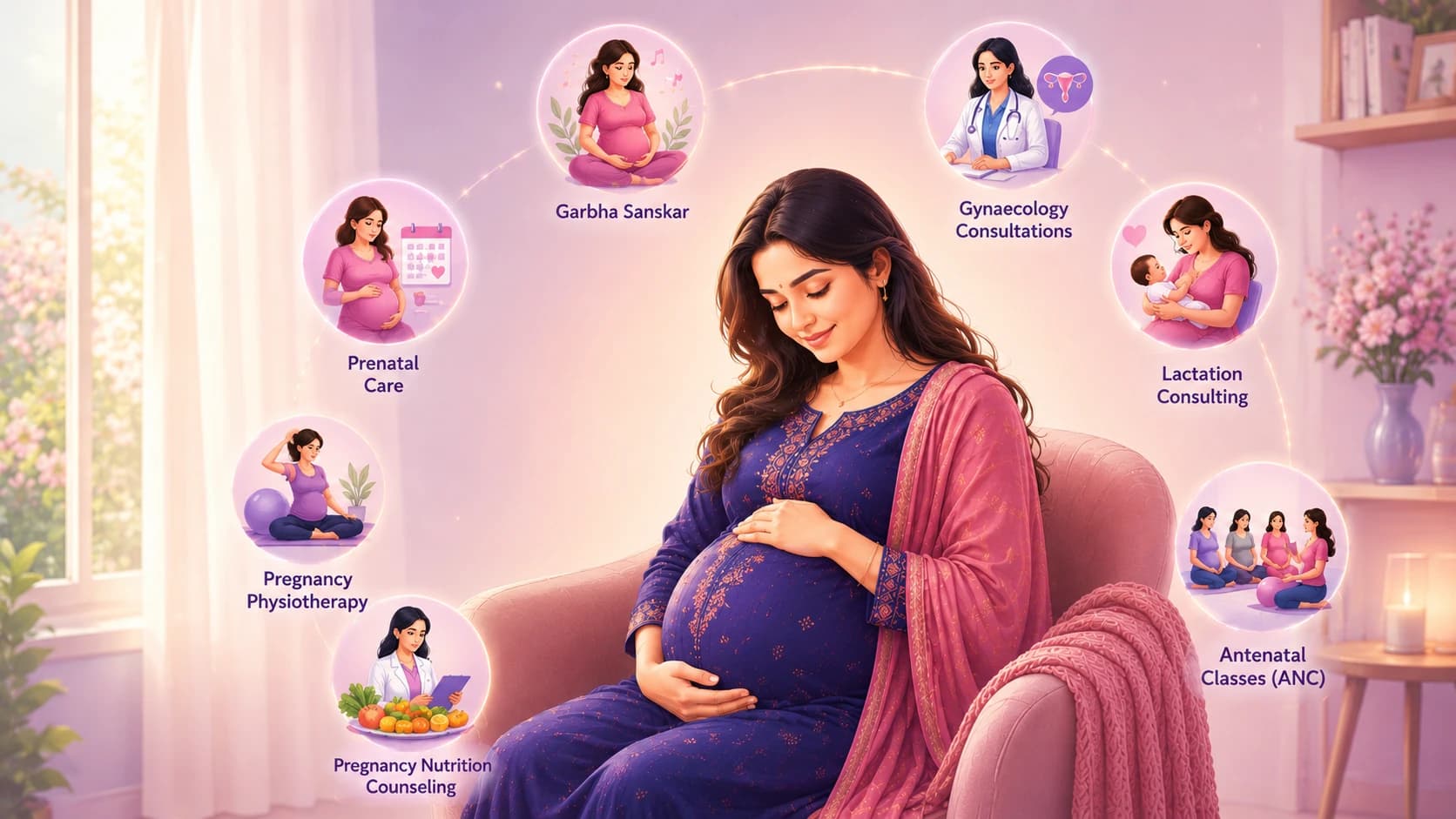 An expectant mother surrounded by Pregacoach's maternity services — Garbha Sanskar, gynaecology consultations, lactation consulting, antenatal classes, nutrition counselling, physiotherapy and prenatal care